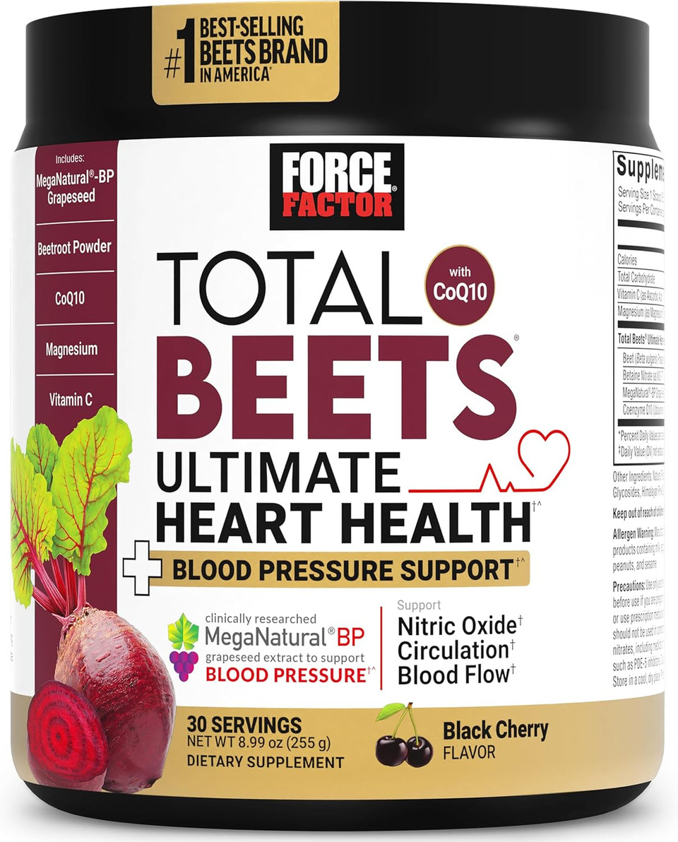 Force Factor Total Beets Ultimate Heart Health Blood Pressure Support With Coq10, Beet Root Powder, Grape Seed Extract, Blood Pressure Supplement For Circulation, Black Cherry, 30 Servings