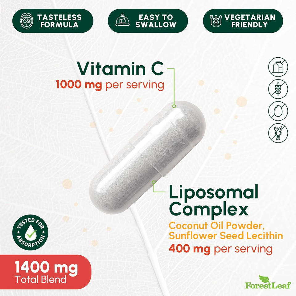 Forestleaf Liposomal Vitamin C 1000Mg Capsules | High Dose Vitamin C Liposomal Supplement W Coconut Oil Fatty Acids | Fast Absorption | Immune Support, Antioxidant, Collagen Production | 120 Vegan Cap