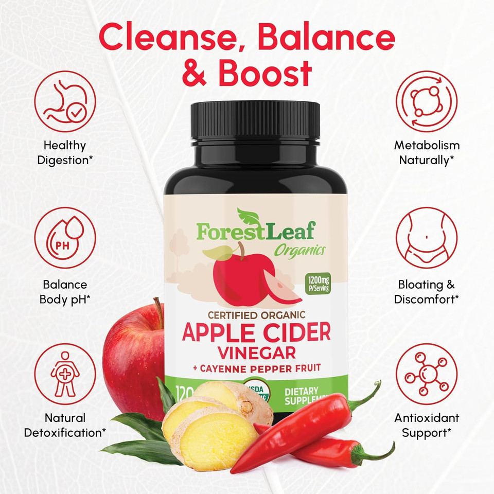 Forestleaf Organic Apple Cider Vinegar Capsules 1200Mg | Usda Organic Apple Cider Vinegar Pills W Cayenne Pepper & Ginger Root | Supports Metabolism, Detox, Digestion, Gut Health | 120 Acv Capsules
