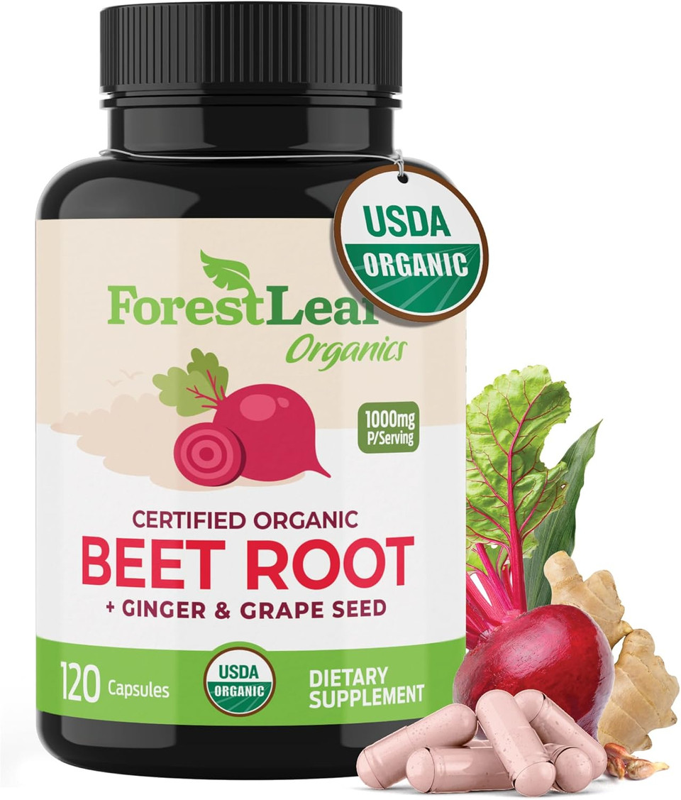 Forestleaf Organic Beet Root Capsules - Beetroot Supplement 16000Mg Strength 20:1 Extract Pills W/Ginger Grape Seed | Support Blood Pressure, Nitric Oxide, Flow, Circulation | Beets Powder - 120 Caps
