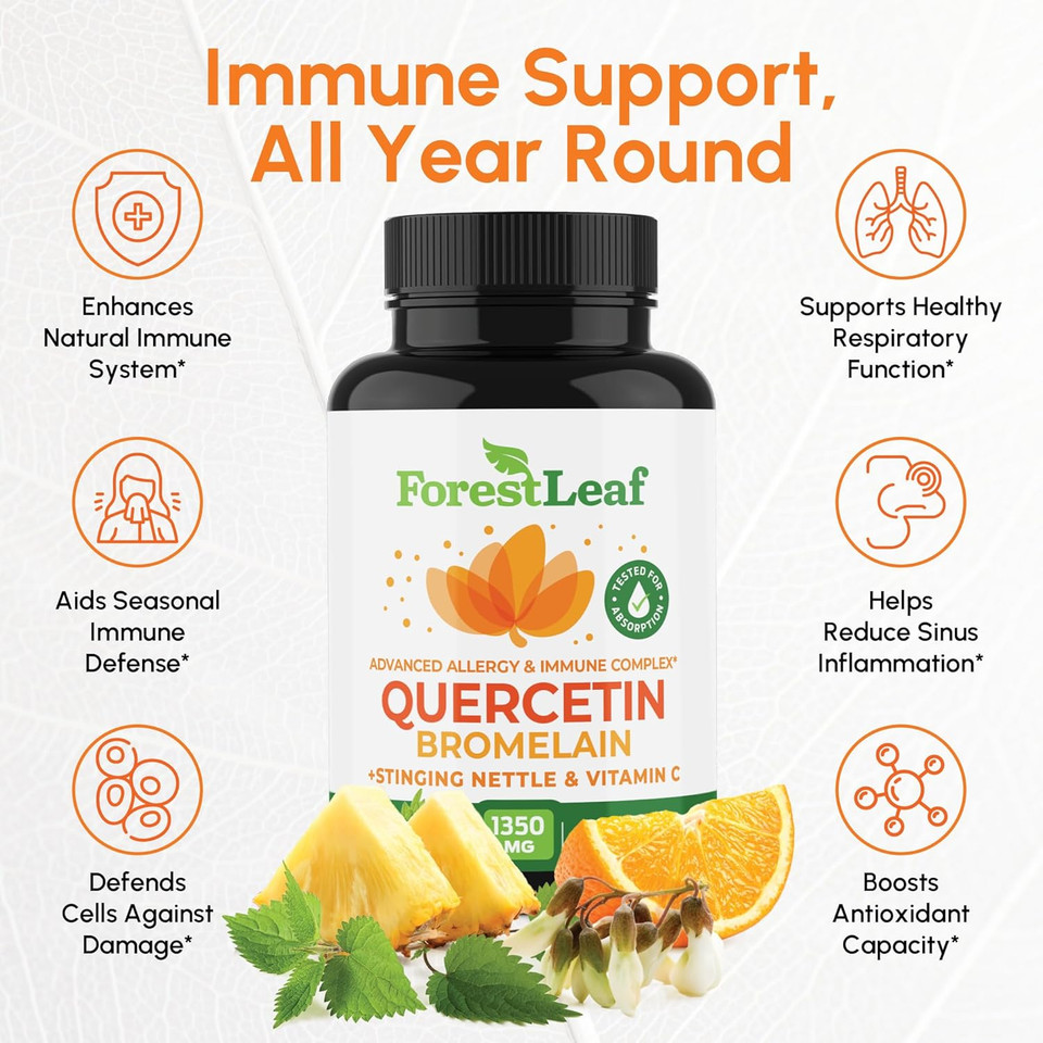 Forestleaf Quercetin With Bromelain - 1350Mg Blend With Vitamin C & Stinging Nettle, Advanced Quercetin 500Mg Supplement, Non-Gmo Gluten Free, Natural Immune & Respiratory Function 180 Veggie Capsules
