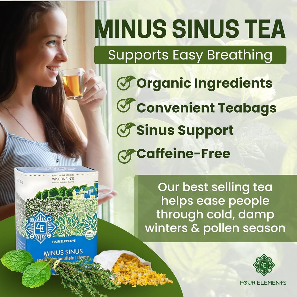 Four Elements 4E Minus Sinus Tea 16 Teabags,1.2 Oz | Organic Spearmint Tea With Mullein, Thyme | Caffeine Free Herbal Teabags For Sinus Support, Relaxed Sleep, Sore Throat | Anytime Serve Hot Or Iced