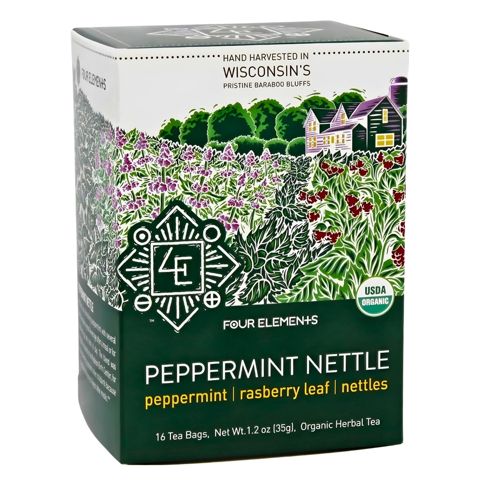 Four Elements 4E Peppermint Nettle Tea, Blended With Peppermint, Raspberry Leaf And Nettles, 100% Organic Herbal Tea, 16 Teabags, 1.2 Oz