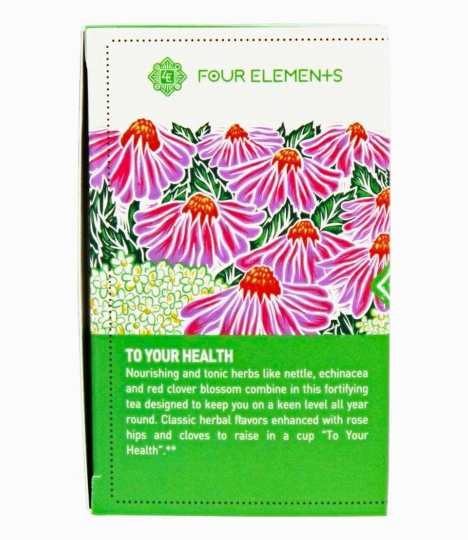 Four Elements 4E To Your Health Tea, Blend With Nettles, Echinacea And Elderflower For Immune System Support, 100% Organic Herbal Tea, 16 Teabags, 1.2 Oz