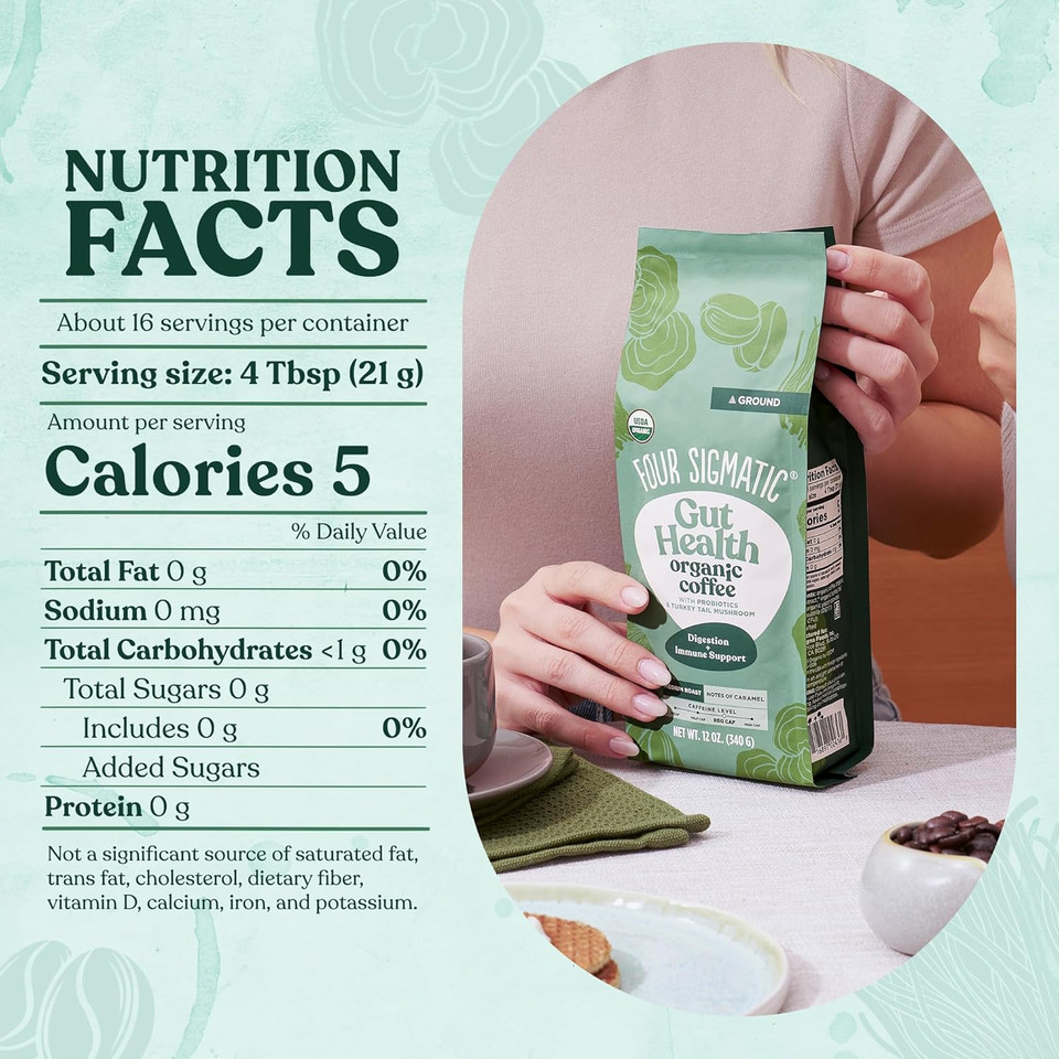Four Sigmatic Gut Health Organic Ground Coffee | Medium Roast, Immune Boosting Probiotic Mushroom Coffee With Chaga & Turkey Tail For Gut Health & Immune Support | 12Oz Bag