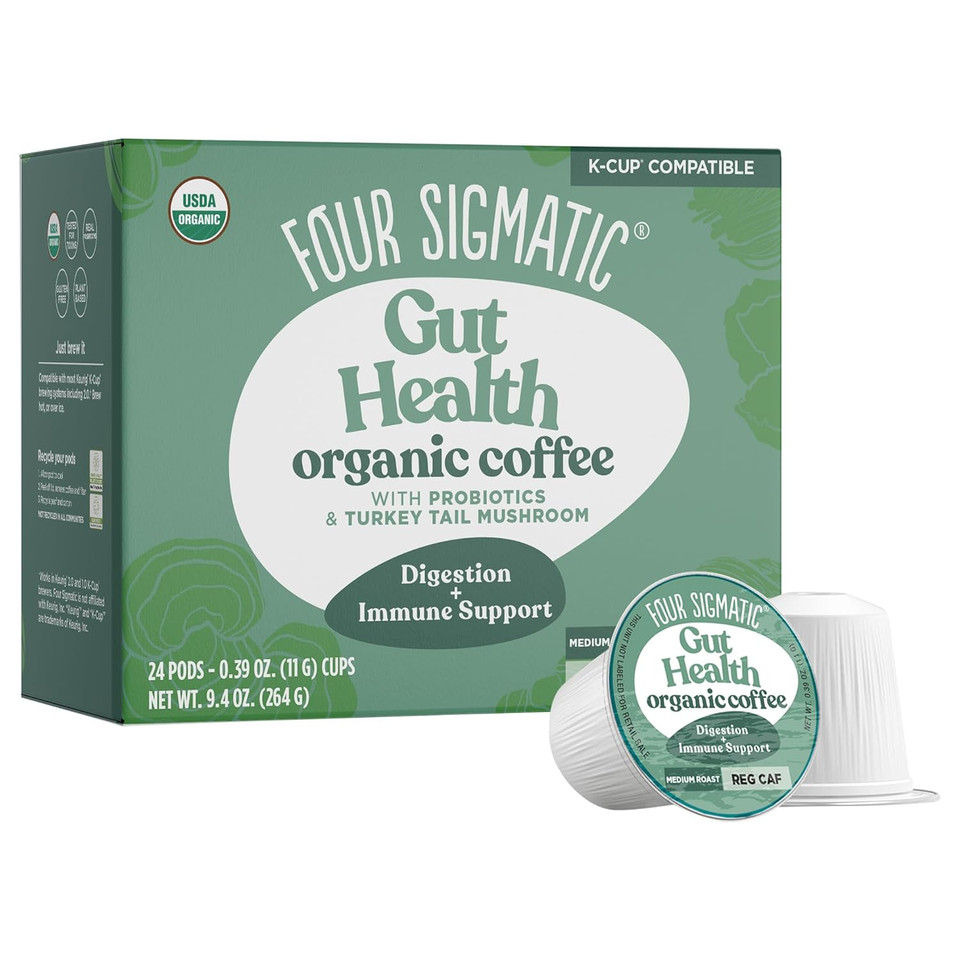 Four Sigmatic Happy Gut Organic Coffee Pods | Medium Roast Probiotic K Cups With Chaga And Turkey Tail | Immune Boosting, Probiotic Mushroom Coffee K Cups For Gut Health And Immune Support | 24 Count