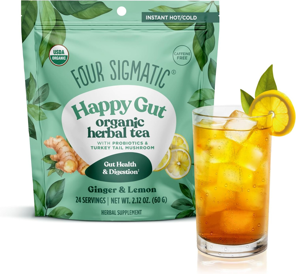 Four Sigmatic Happy Gut Organic Herbal Tea | Organic Lemon Ginger Tea With Probiotics & Turkey Tail Mushroom | Instant Digestive Tea | Vegan, Gluten-Free | Lemon Ginger, 24 Servings
