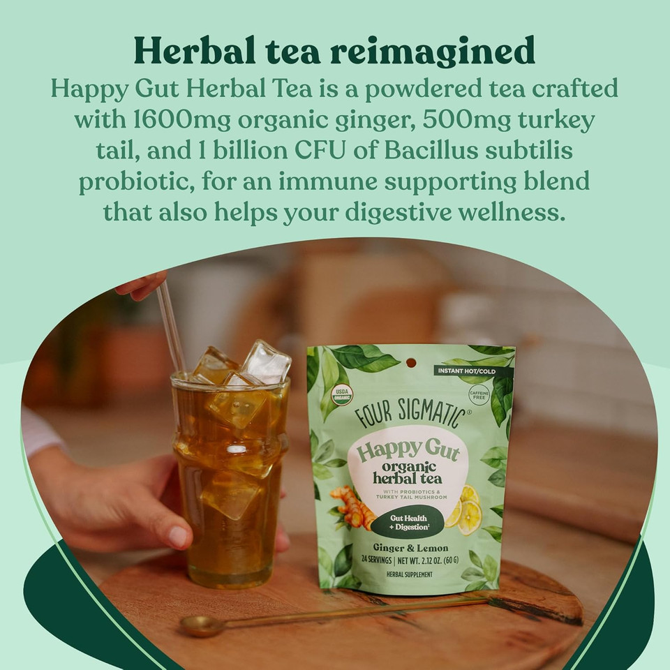 Four Sigmatic Happy Gut Organic Herbal Tea | Organic Lemon Ginger Tea With Probiotics & Turkey Tail Mushroom | Instant Digestive Tea | Vegan, Gluten-Free | Lemon Ginger, 24 Servings