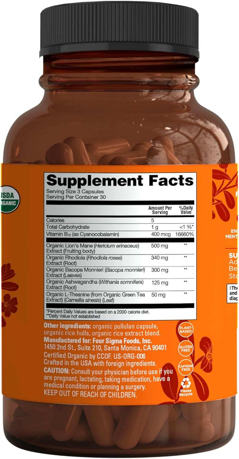 Four Sigmatic Memory Capsules | Reduce Brain Fog & Improve Memory | Nootropic Supplement For Brain Support With Cordyceps Mushroom, Gotu Kola, Turmeric, Ashwagandha & Folate | 30 Servings