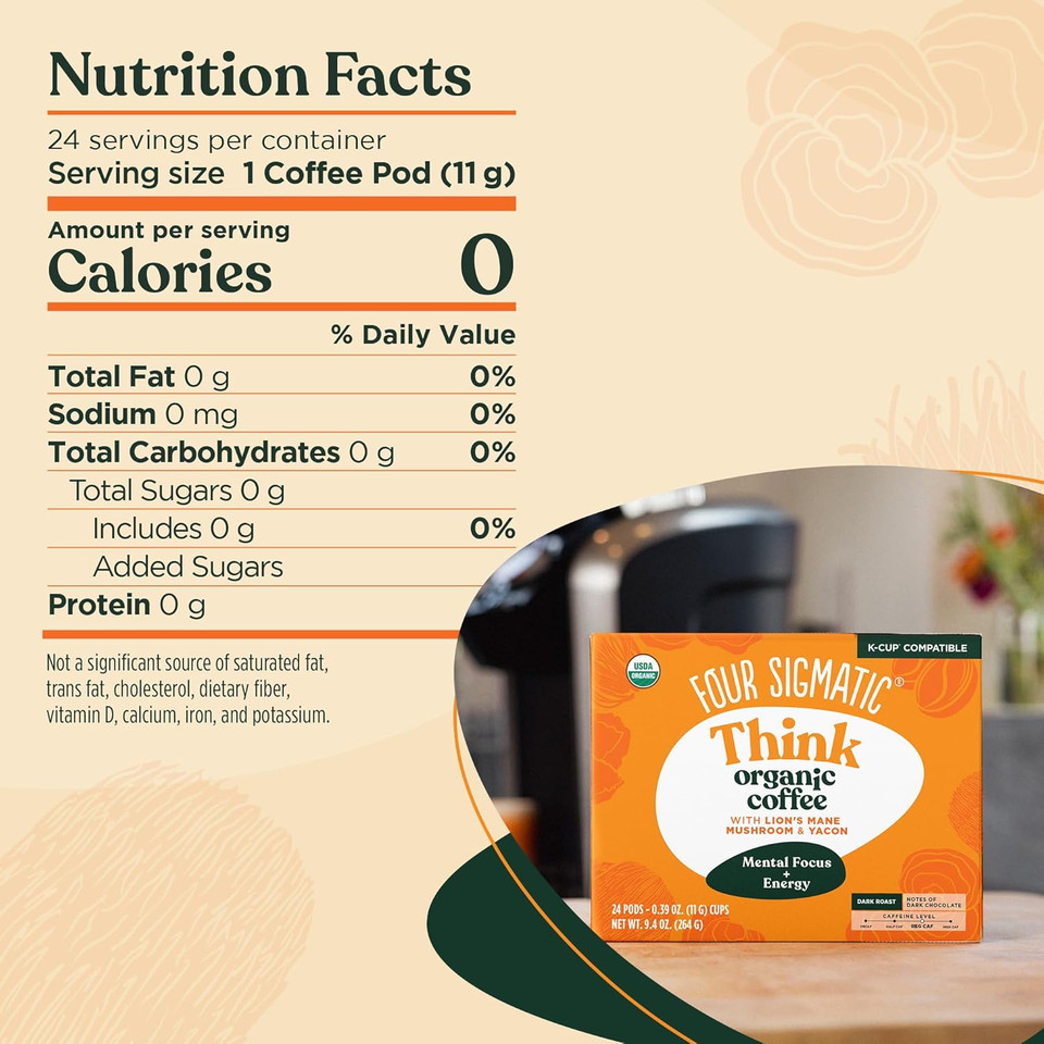 Four Sigmatic Mushroom Coffee K-Cups | Organic Dark Roast Coffee With LionS Mane Mushroom Powder & Yacon | Focus & Immune Support | Vegan & Keto | Sustainable Pods | 24 Count