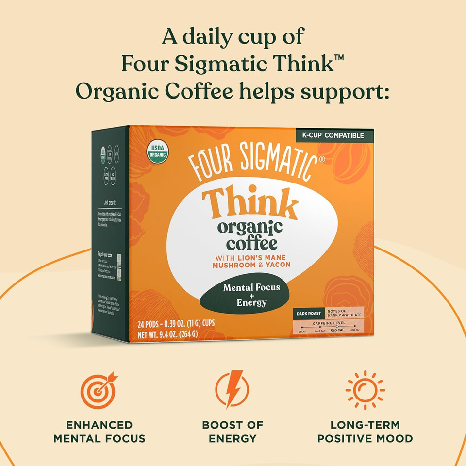 Four Sigmatic Mushroom Coffee K-Cups | Organic Dark Roast Coffee With LionS Mane Mushroom Powder & Yacon | Focus & Immune Support | Vegan & Keto | Sustainable Pods | 24 Count