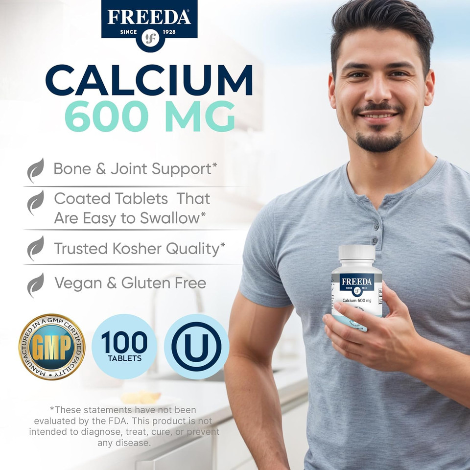 Freeda Calcium Carbonate 600 Mg  100 Tablets | High-Potency Daily Calcium Supplement | Vegan, Allergen-Free, Clean Label | Made In Usa, Gmp Facility, Third-Party Tested