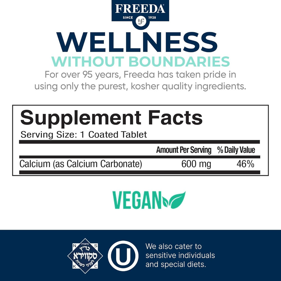 Freeda Calcium Carbonate 600 Mg  100 Tablets | High-Potency Daily Calcium Supplement | Vegan, Allergen-Free, Clean Label | Made In Usa, Gmp Facility, Third-Party Tested