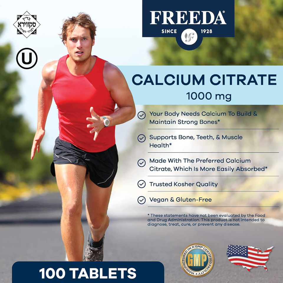 Freeda Calcium Citrate  Kosher Vegan Bone Strength Supplement  Supports Bone Density & Muscle Function  Calcium 1000Mg Per Serving  No Added Vitamin D  (250 Tablets)