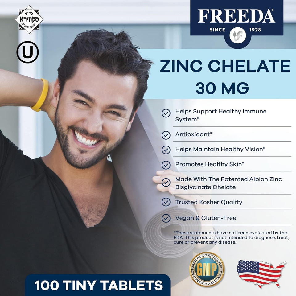 Freeda Chelated Zinc 30Mg  Traacs® Zinc Bisglycinate For High Absorption  Vegan, Kosher, Gentle On Stomach  Immune Support For Adults, Men & Women  100 Tiny Tablets