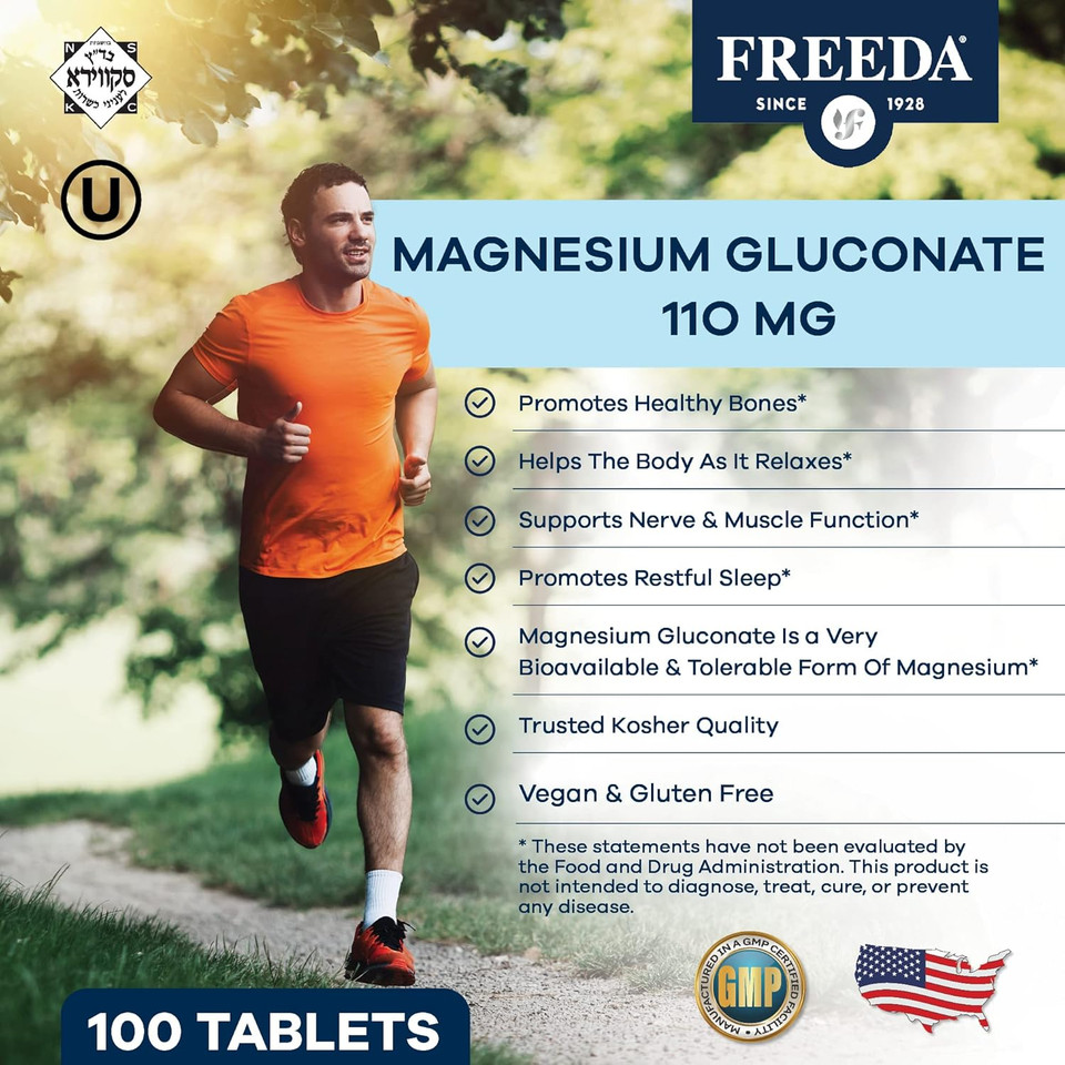 Freeda Magnesium Gluconate - Kosher Vegan Magnesium Supplement For Men & Women - Leg & Muscle Cramp And Spasm Relief - Natural Muscle Relaxer - Magnesio Vitamins And Supplements (100 Tablets)