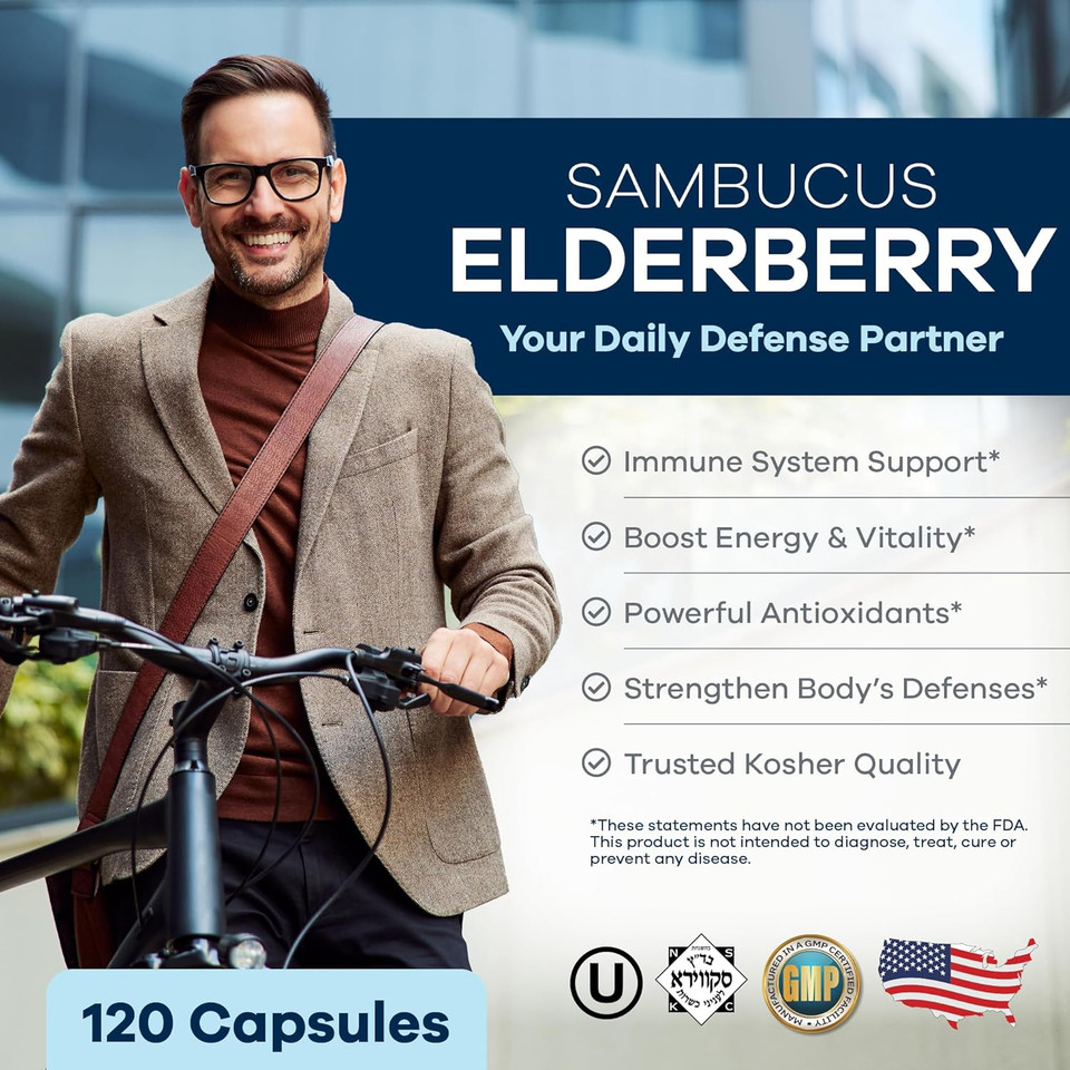 Freeda Sambucus Elderberry With Vitamin C, Zinc, Vitamin D3 & Ginger - 5 In 1 Herbal Antioxidant Immune Support Supplement For Women & Men - Gluten Free Adult Elderberry Capsules, Usa Made (120 Count)