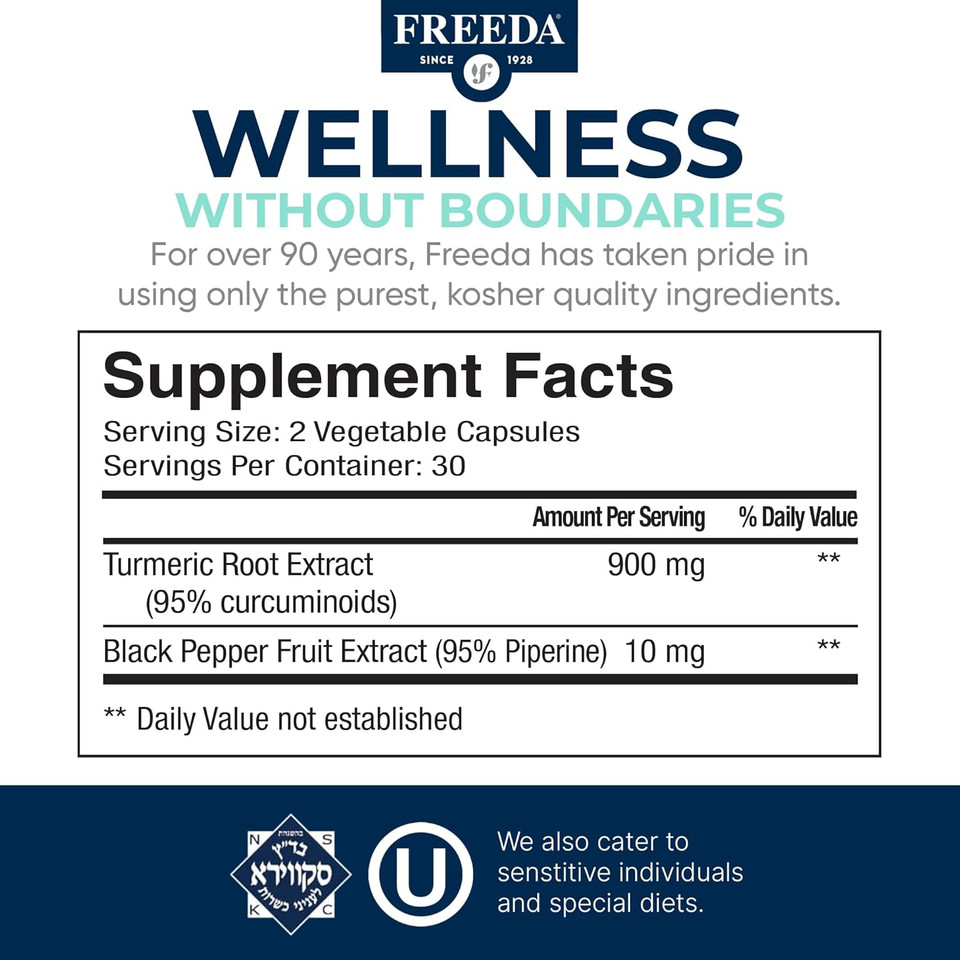 Freeda Turmeric Curcumin With Black Pepper | High Potency Curcumin Supplement With 95% Curcuminoids | Turmeric Capsules For Joint Support & Mobility | Non-Gmo, Vegan, Kosher | 60 Capsules