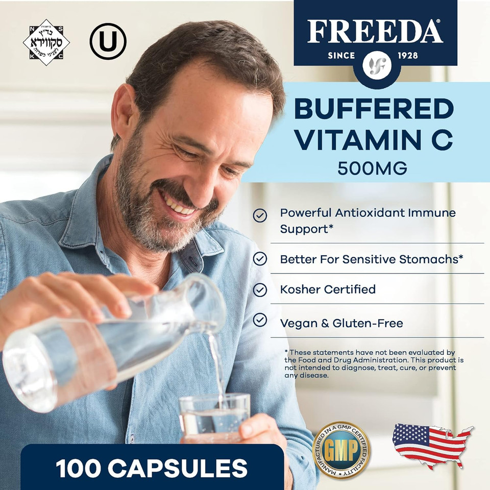 Freeda Vitamin C - Buffered Vitamin C 500Mg - Kosher - Powerful Antioxidant Immune Support - Sensitive Stomach Vitamins C Capsules Calcium Ascorbate - Vitamin C 500 Mg - Vit C Supplement (250 Count)