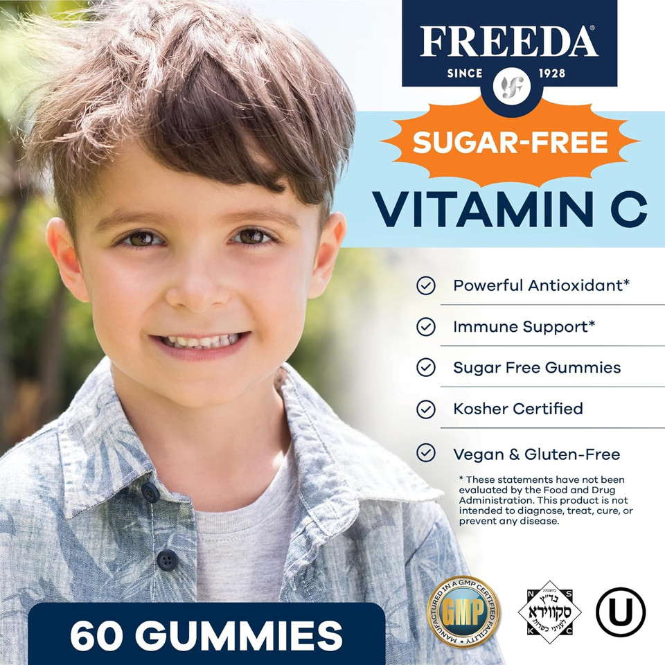 Freeda Vitamin C Kids Vitamin C Gummies - Kids Sugar Free Vit C Gummy Chewable For Adults, Teens & Children - Certified Kosher, Delicious Orange Flavor, Zero Sugar Immune Support Supplement (60 Ct)
