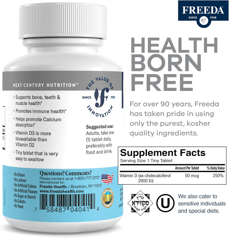 Freeda Vitamin D3-2000 Iu  High-Potency Vitamin D For Bone Strength & Immune Support  Easy-To-Swallow Tablets  100 Tiny Tablets