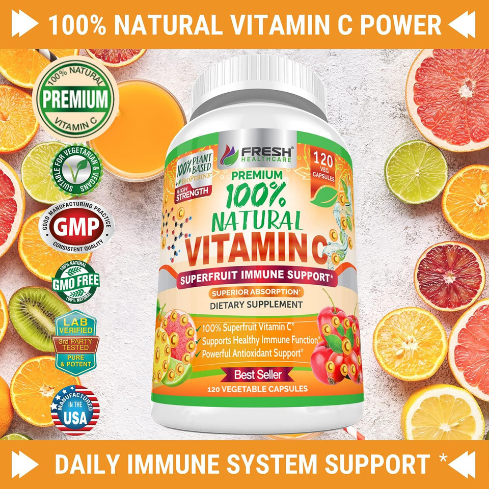 Fresh Healthcare 100% Natural Vitamin C - 500Mg From Rose Hips, Acerola Cherry & Camu Camu - High Absorption Immune Support, Skin, Joint & Collagen Booster With Citrus Biflavonoids - 120 Capsules