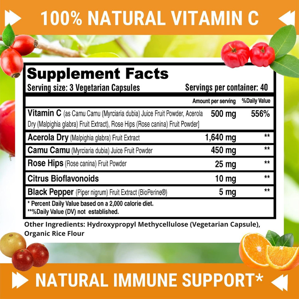 Fresh Healthcare 100% Natural Vitamin C - 500Mg From Rose Hips, Acerola Cherry & Camu Camu - High Absorption Immune Support, Skin, Joint & Collagen Booster With Citrus Biflavonoids - 120 Capsules