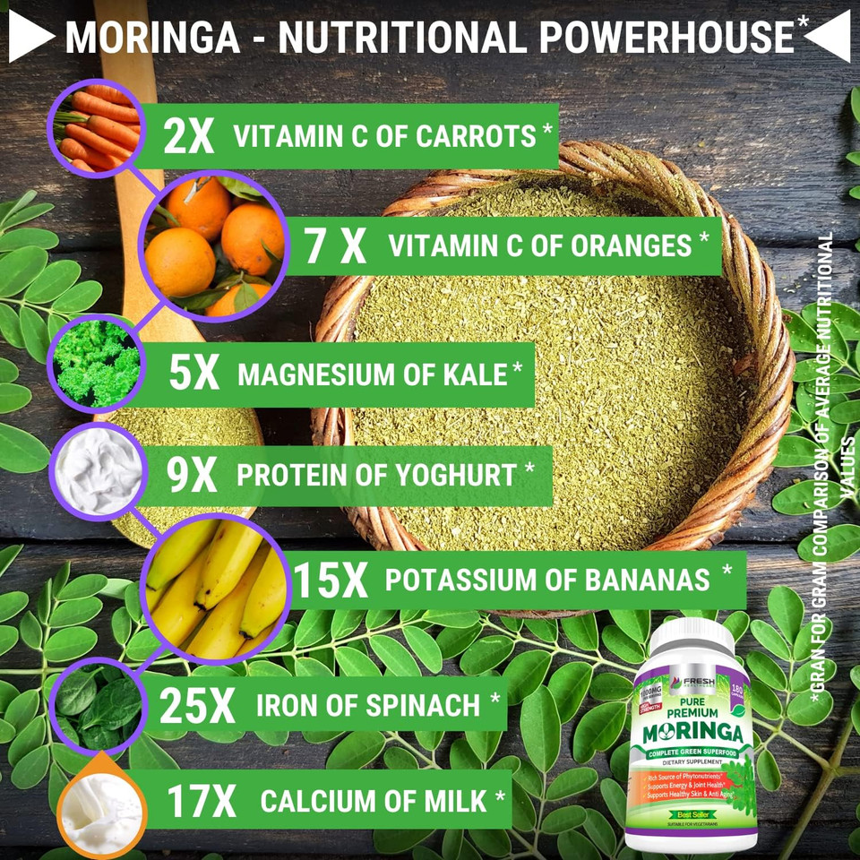 Fresh Healthcare Moringa Oleifera 180 Capsules  100% Pure Leaf Powder - 3 Month Supply - Non Gmo And Gluten Free - Complete Green Superfood Supplement - Energy, Metabolism And Immune Support