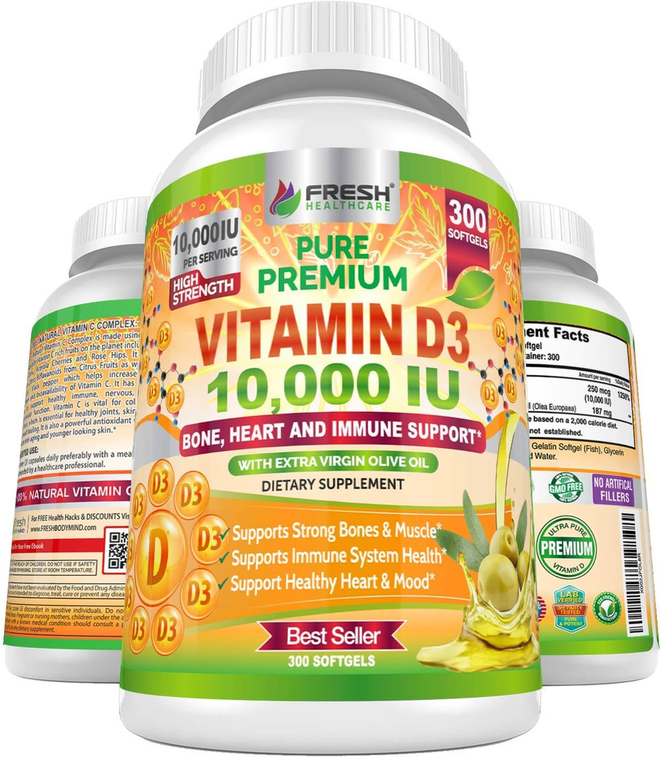 Fresh Healthcare Vitamin D3 10000 Iu (250Mcg) With Extra Virgin Olive Oil - Immune Support - 300 Softgels For Joints, Bone, Muscle & Mood Health - Non-Gmo Vitamin D Supplement
