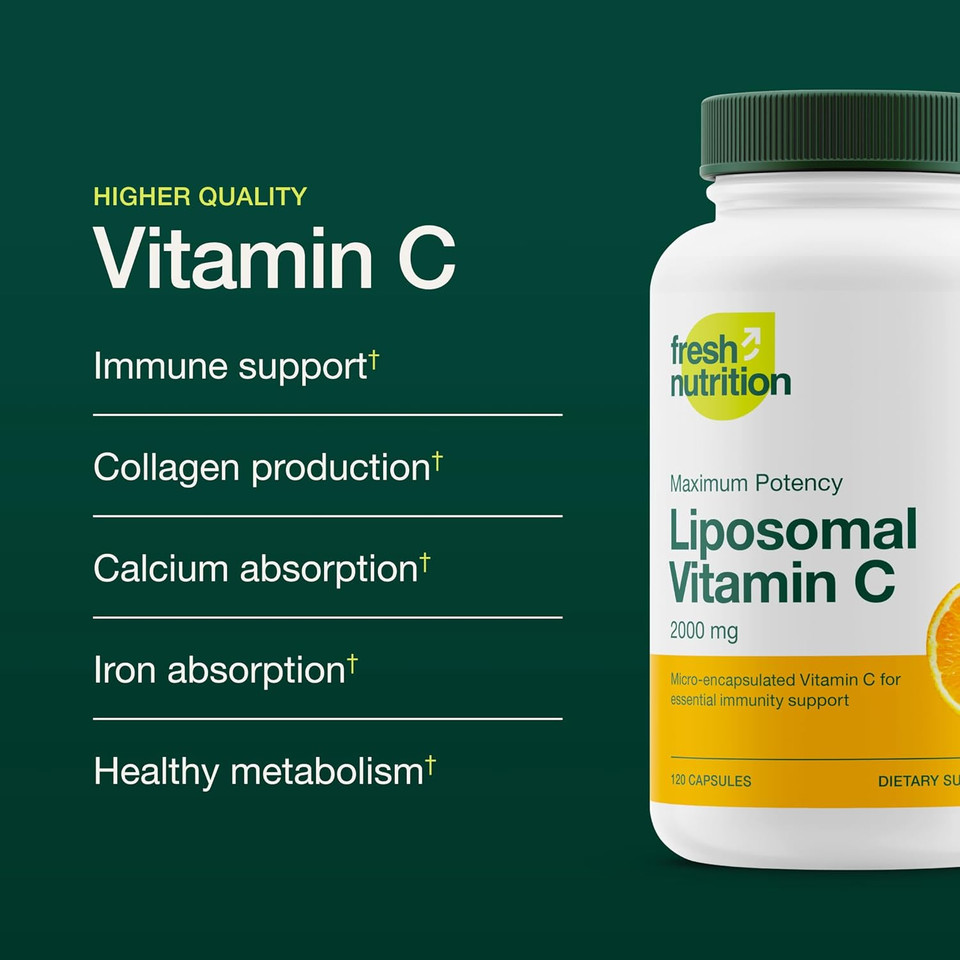 Fresh Nutrition Liposomal Vitamin C - 2000Mg Dna Verified & Potent Vit C (From Ascorbic Acid) Swallow Or Pour Powder Into A Drink, All Natural Vegan Friendly, Non-Gmo, Gluten-Free, Dairy-Free