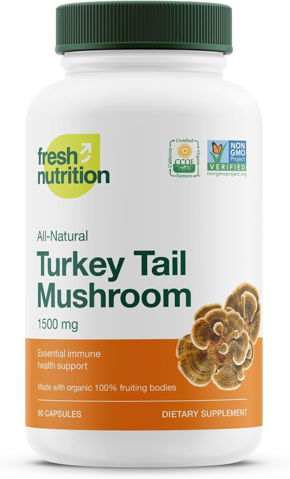 Fresh Nutrition Organic Turkey Tail Mushroom Extract Supplement - High In Beta Glucans  Non-Gmo, Vegan Friendly, Gluten-Free - 90 Capsules