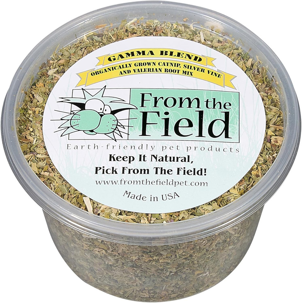 From The Field Gamma Blend  Catnip Leaf And Flower, Silver Vine & Valerian Root Mix | Fresh Usa-Grown Organic Catnip For Cats | Potent | Resealable Tub 2 Oz