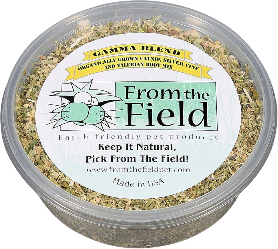 From The Field Gamma Blend  Catnip Leaf And Flower, Silver Vine & Valerian Root Mix | Fresh Usa-Grown Organic Catnip For Cats | Potent | Resealable Tub 3.5 Oz