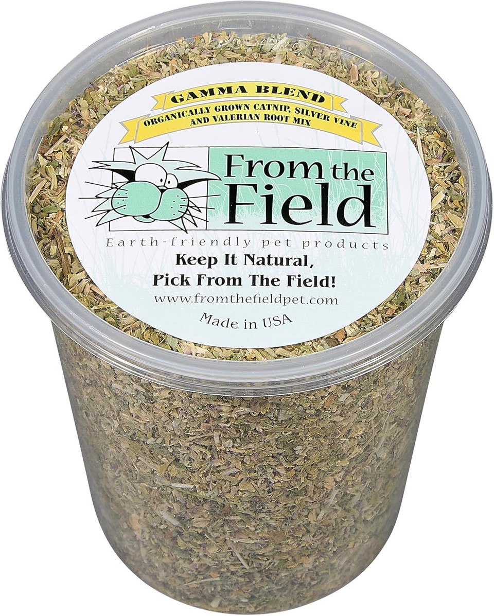 From The Field Gamma Blend  Catnip Leaf And Flower, Silver Vine & Valerian Root Mix | Fresh Usa-Grown Organic Catnip For Cats | Potent | Resealable Tub 3.5 Oz