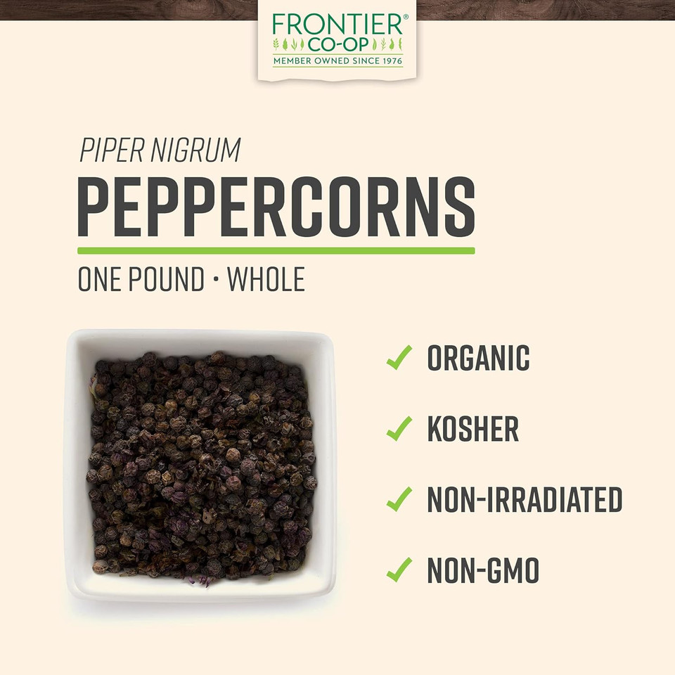 Frontier Co-Op Black Peppercorns Whole, 1Lb Bulk Bag - Tellicherry Black Pepper - Organic Peppercorns For Grinder Refill, Cooking, Pickling And More