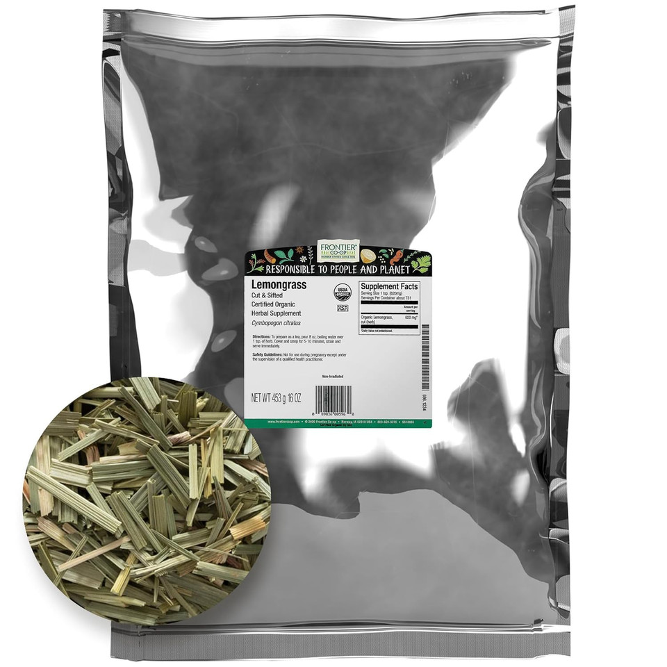Frontier Co-Op Organic Lemongrass, 1Lb Bulk Bag, Cut & Sifted | 100% Pure & Natural Dried Lemon Grass | Perfect For Lemongrass Tea & Seasoning, Kosher