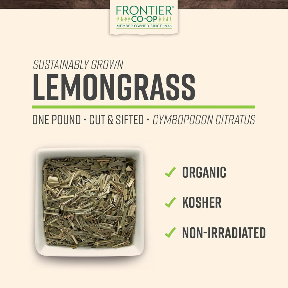 Frontier Co-Op Organic Lemongrass, 1Lb Bulk Bag, Cut & Sifted | 100% Pure & Natural Dried Lemon Grass | Perfect For Lemongrass Tea & Seasoning, Kosher