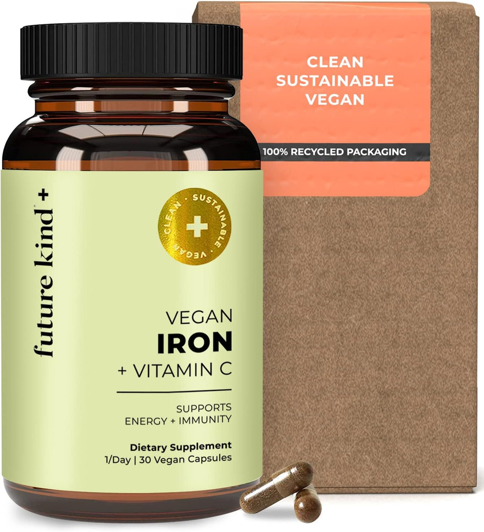 Future Kind Vegan Iron Supplement For Men & Women With Vitamin C For Energy, Focus And Immunity Support - 30-Day Supply, One Capsule A Day (30Ct In Glass Bottle)