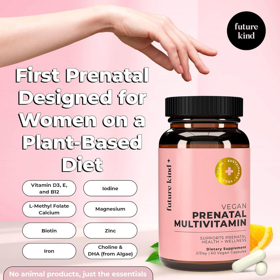 Future Kind Vegan Prenatal Vitamin With Dha & L-Methylfolate In Glass Bottle - Prenatal Folate Supplement For Women With Vitamin D & E, Iron & Biotin - Gluten-Free, Non-Gmo (60Ct)