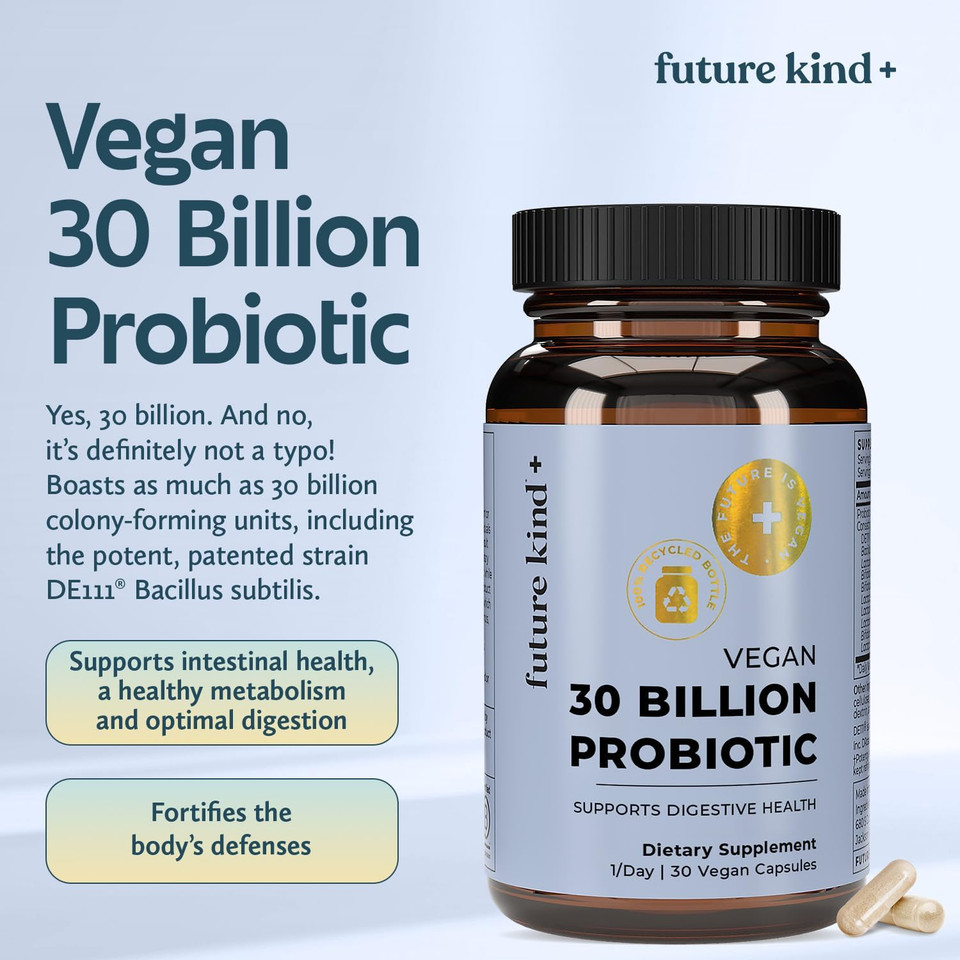 Future Kind Vegan Probiotics For Women And Men - 30 Billion Cfus Probiotics For Digestive Support (30 Adult Probiotic Capsules) No Gmos, Daily Probiotic Supplements From 42 Fruits & Vegetables