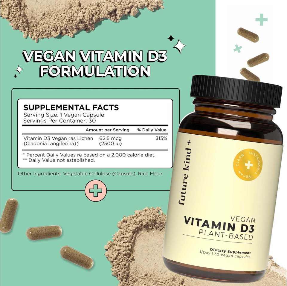Future Kind Vegan Vitamin D3-2500 Iu Plant-Based Supplement For Cell & Immune Support - Sugar-Free, Lichen-Based Vitamin D (30 Softgels In Glass Bottle)