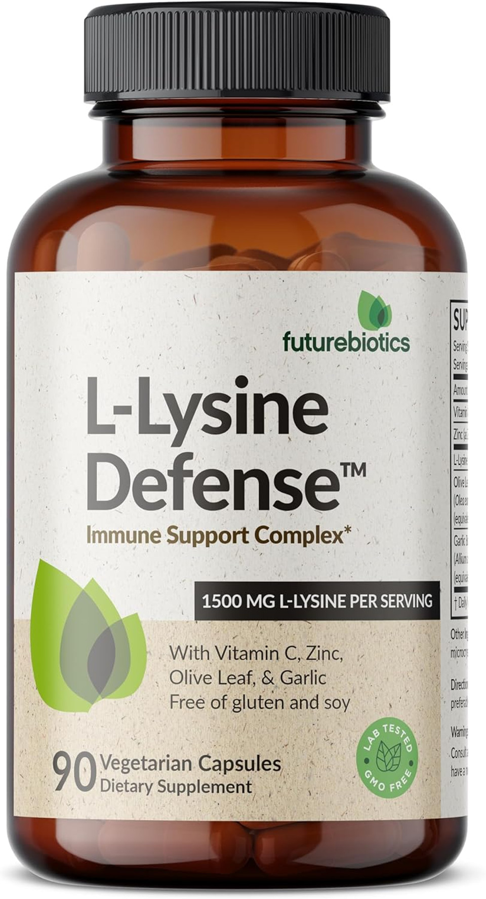 Futurebiotics L-Lysine Defense Immune Support Complex 1500 Mg Per Serving With Vitamin C, Zinc, Olive Leaf & Garlic - Non-Gmo, 250 Vegetarian Capsules