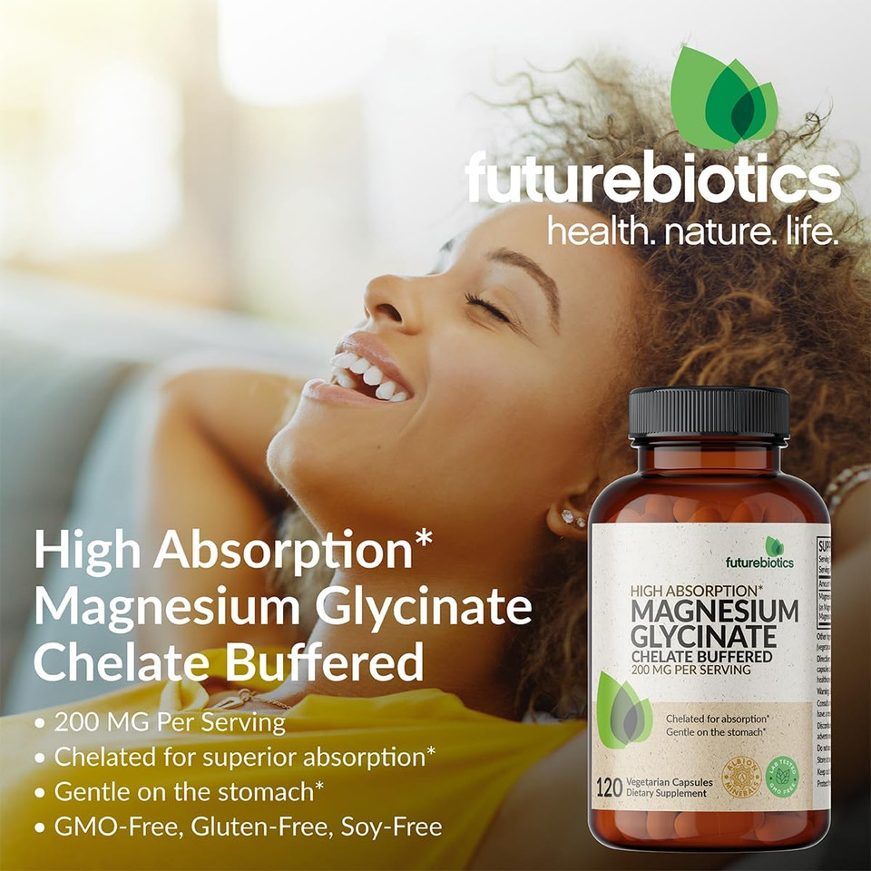 Futurebiotics Magnesium Glycinate 200 Mg Per Serving Chelated For High Absorption, Gentle On Stomach, Non-Gmo, 60 Vegetarian Capsules