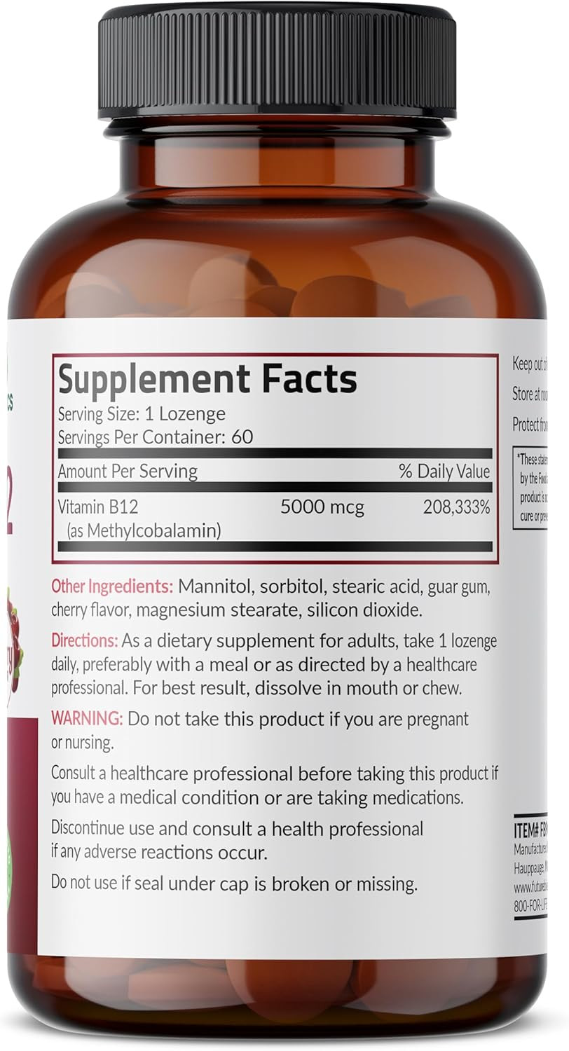Futurebiotics Methyl B12 5000 Mcg Vitamin B12 Methylcobalamin, Cherry Flavor Non-Gmo, 60 Vegetarian Lozenges