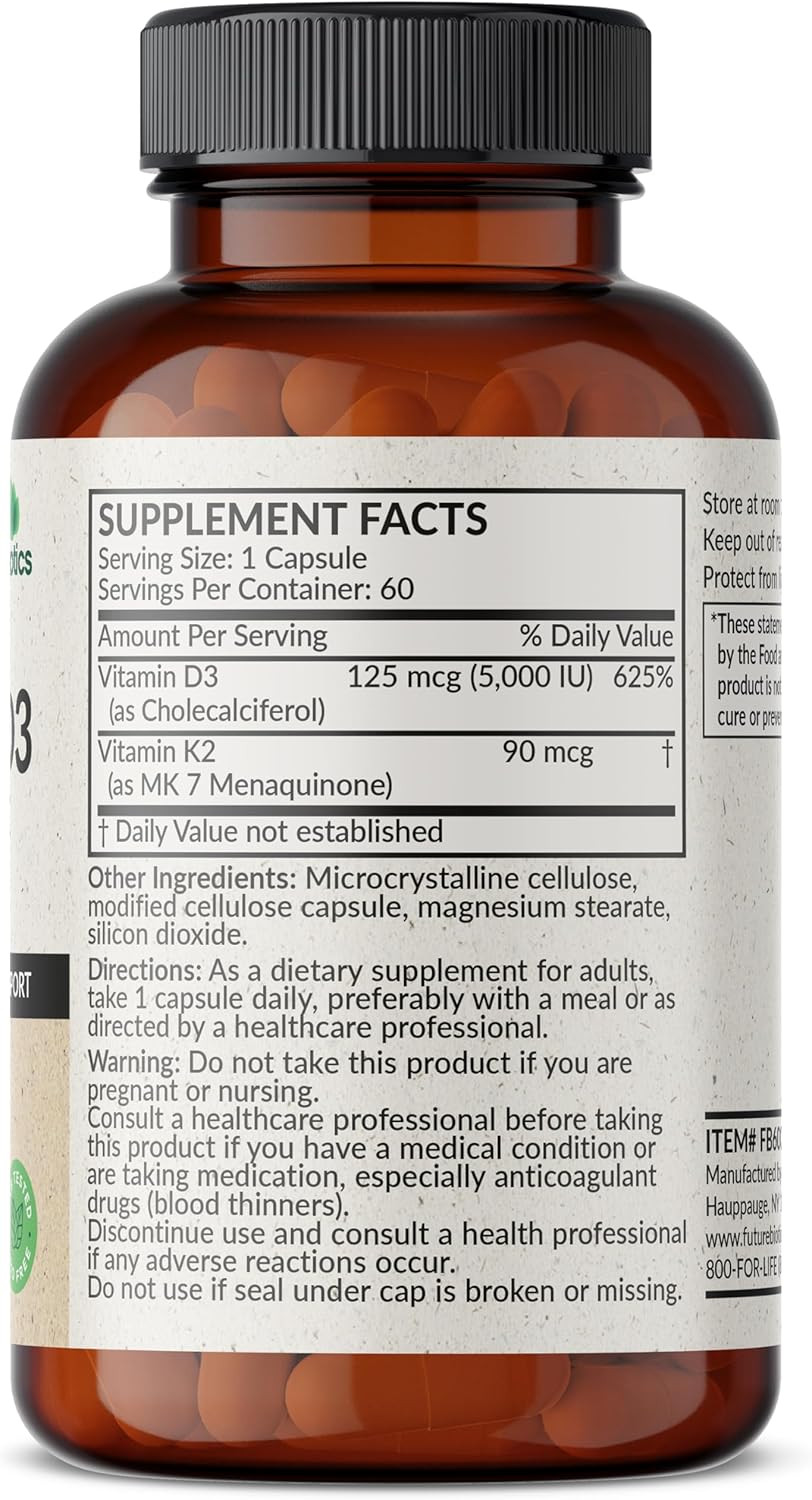 Futurebiotics Vitamin K2 (Mk7) With D3 Supplement - Non-Gmo Formula - 5000 Iu Vitamin D3 & 90 Mcg Vitamin K2 Mk-7, 250 Vegetarian Capsules