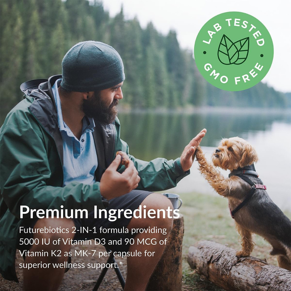 Futurebiotics Vitamin K2 (Mk7) With D3 Supplement - Non-Gmo Formula - 5000 Iu Vitamin D3 & 90 Mcg Vitamin K2 Mk-7, 60 Vegetarian Capsules