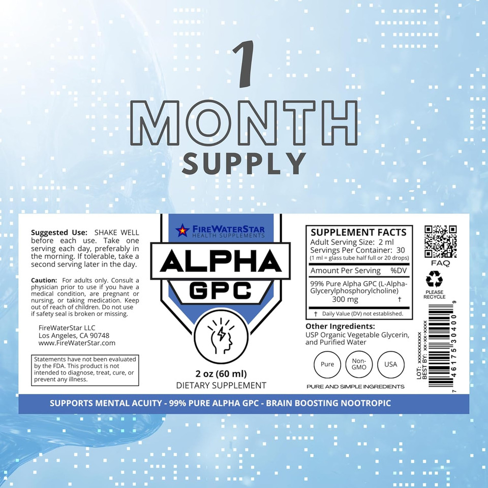 Fws Alpha Gpc Choline Liquid Drops - Brain Supplement For Memory And Focus - Fast Acting Nootropic Brain Support Supplement - 99% Pure L Alpha-Gpc - 300Mg - 30 Day Supply - Supports Healthy Brain
