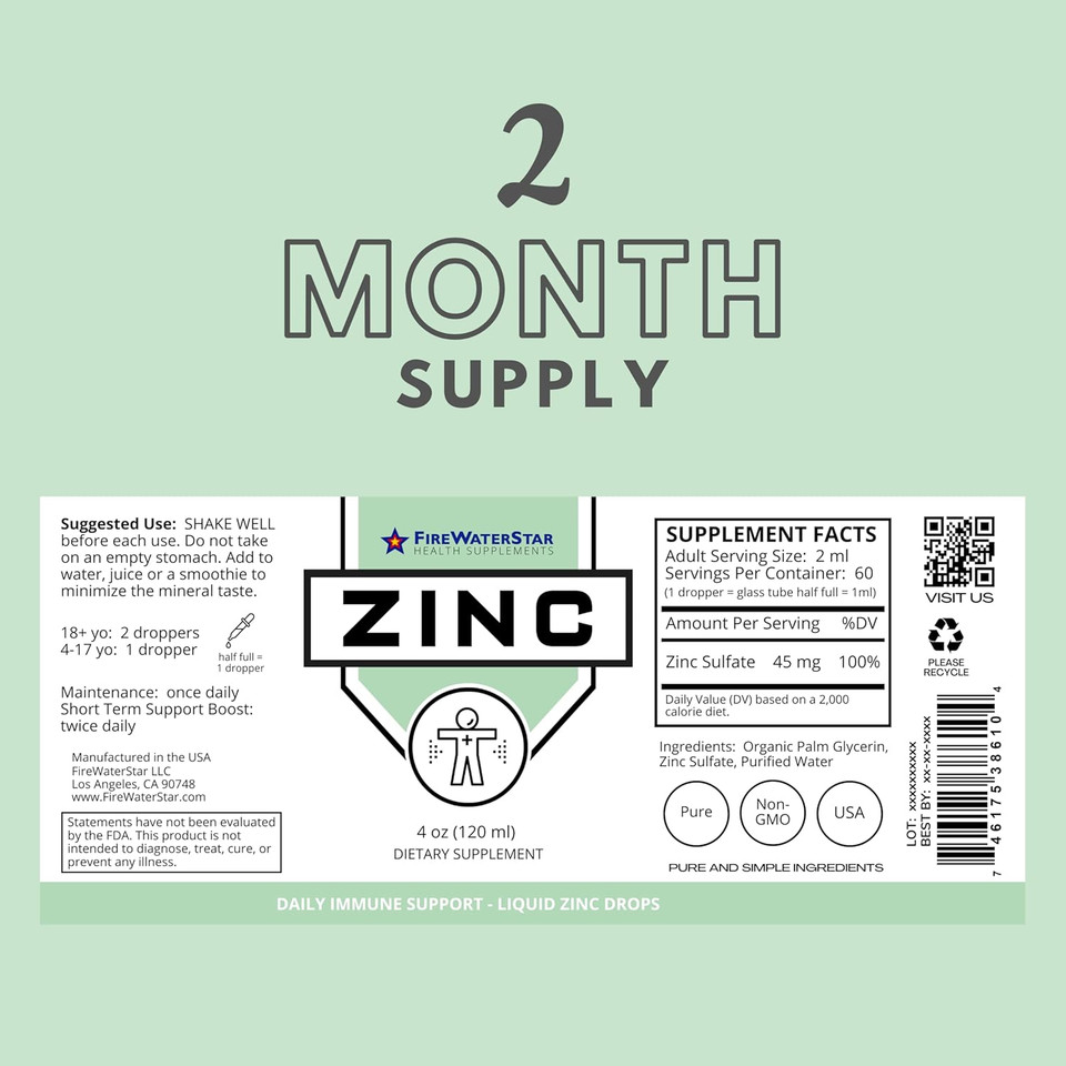 Fws Liquid Zinc Supplement For Men Women Kids, Organic Non-Gmo Vegan, Ionic Zinc Sulfate Drops, Immune System Boost Healthy Skin Support Overall Wellness, 60 Day Supply, 4 Oz