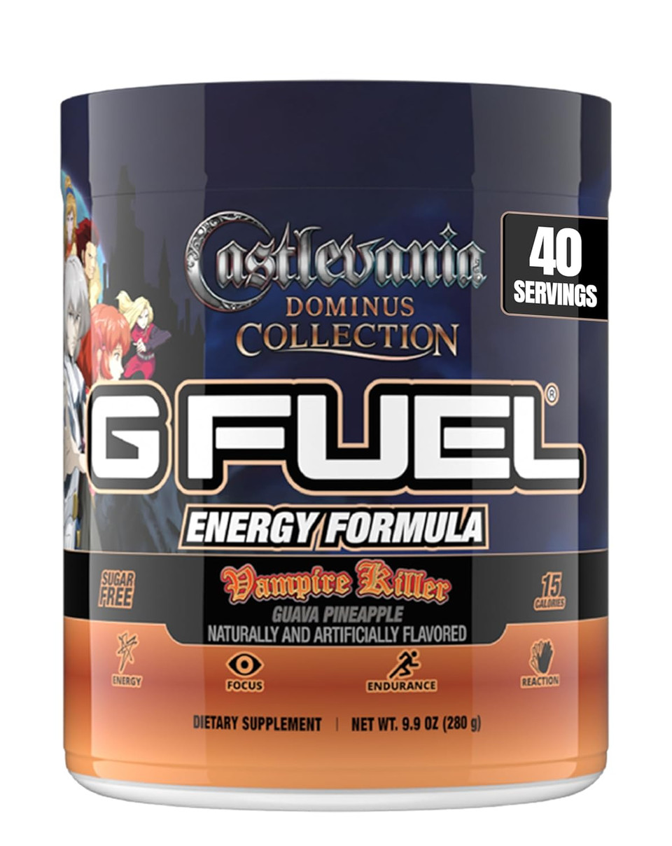 G Fuel Castlevania Vampire Killer Energy Drink Powder, Pre Workout Caffeine Mix For Gaming, Sugar Free Focus Amino + Antioxidants, 9.9Oz (Pineapple Guava Citrus, 40 Servings)