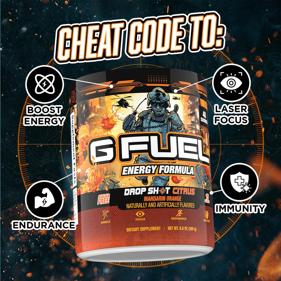 G Fuel Drop Shot Citrus Energy Drink Powder, Pre Workout Caffeine Mix For Gaming, Sugar Free Focus Amino, Vitamin + Antioxidants, 9.9Oz (Mandrin Orange, 40 Servings)